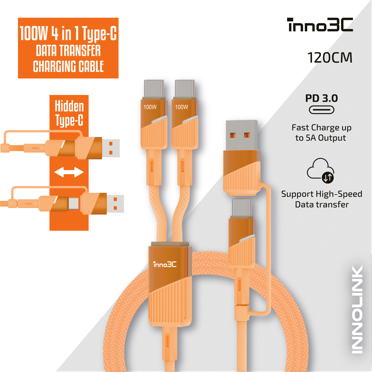 inno3C i-100C2-12 4合1 100W Type C 數據傳輸充電線 120cm