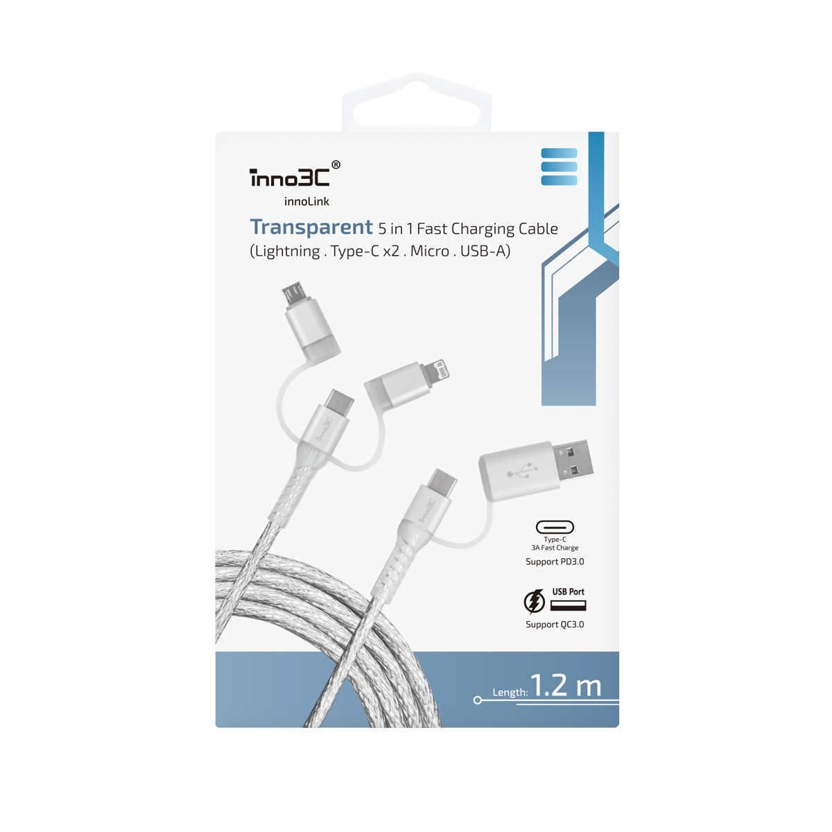 inno3C i-5CS-12  5 in 1 Lightning/Type-C/Micro toUSB/Type-C Cable (Transparent Silver), , large image number 4