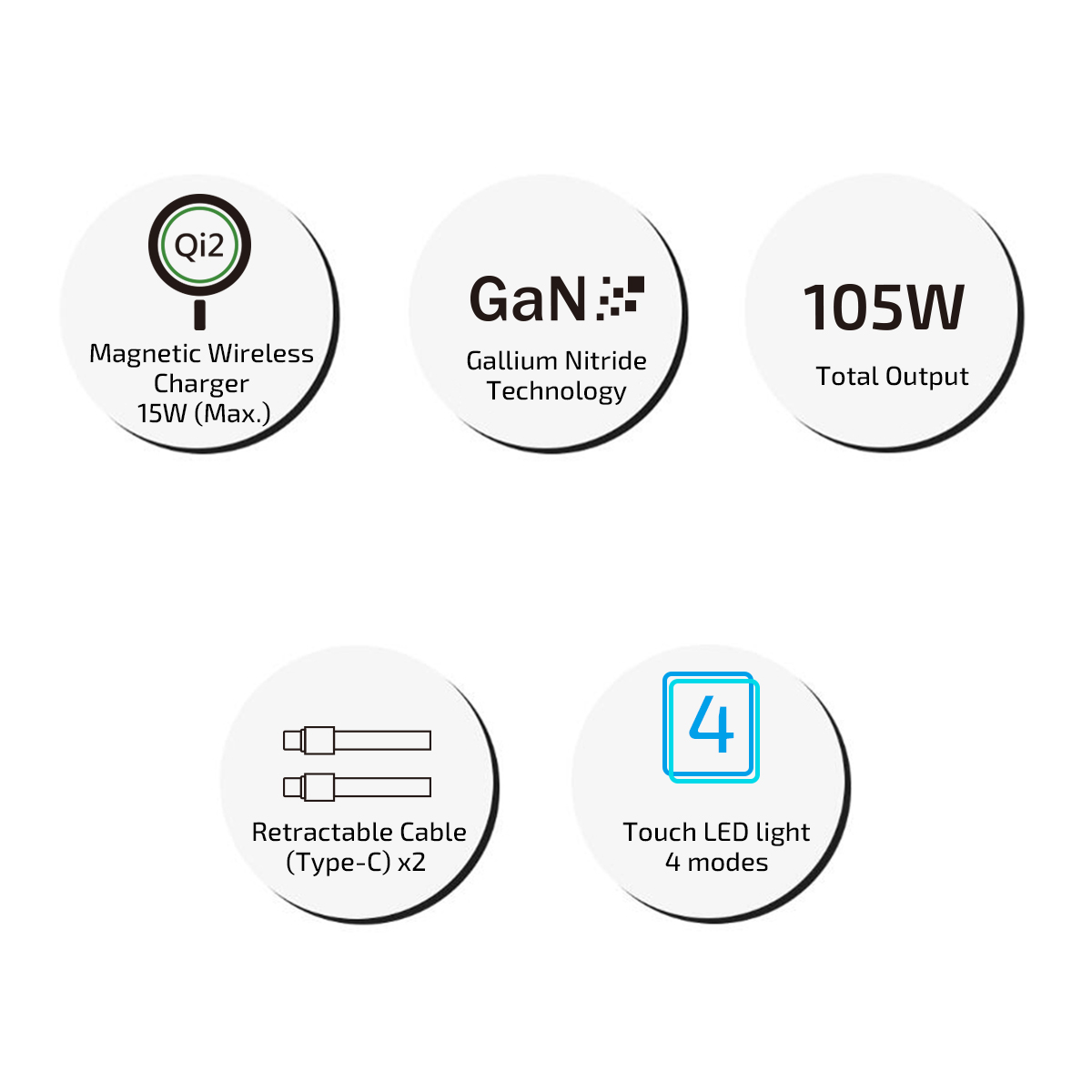 inno3C i-105C2 105W Qi2 + GaN 六合一無線快速充電座內置可伸縮Type-C線 image number 5