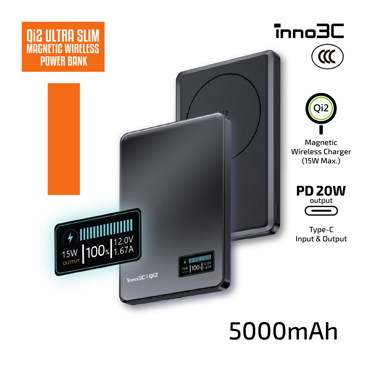 inno3C M0 OLED Qi2 超薄磁吸無線充移動電源 5000mAh (黑色) (3C)