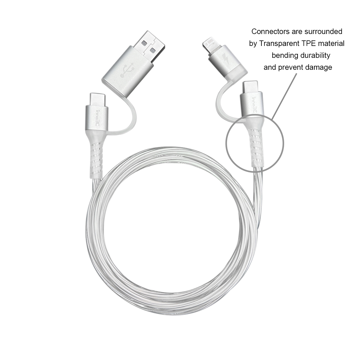 inno3C i-4LB-12 4 in 1 Lightning/Type-C to USB/Type-C Cable (Transparent White), , small image number 2