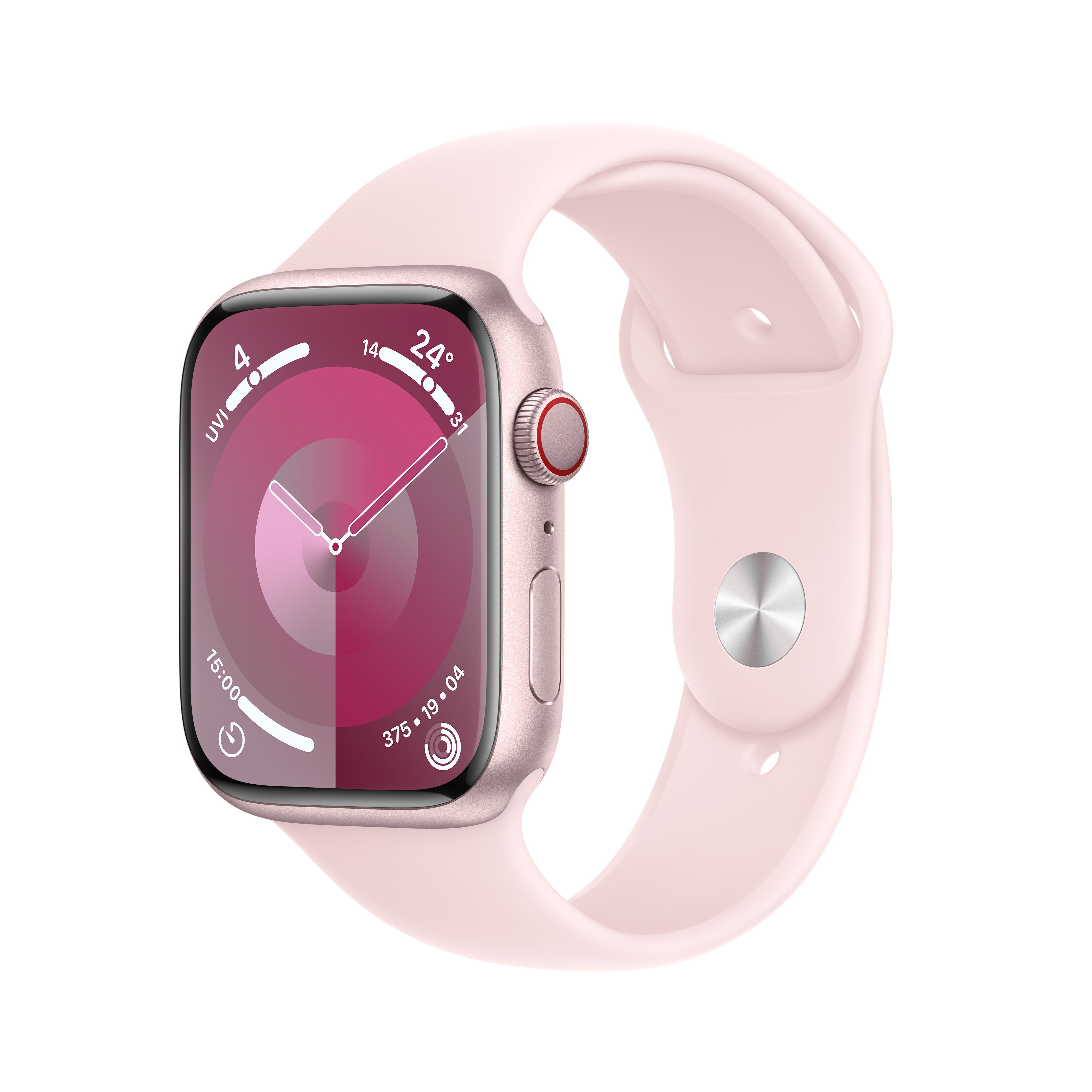Apple Watch Series 9 (GPS + 流動網絡) 45 毫米粉紅色鋁金屬錶殼及淡粉紅色運動錶帶 - M/L