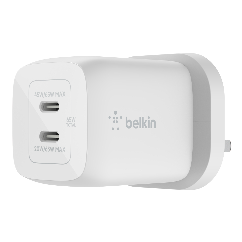 Belkin BoostCharge Pro Dual USB-C GaN Wall Charger with PPS 65W (White)