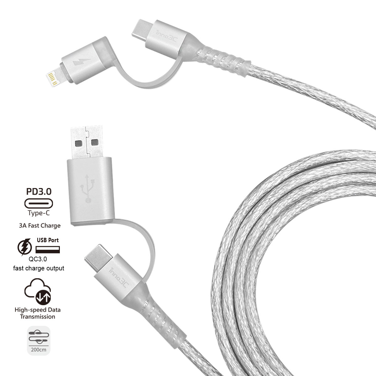 inno3C i-4LA-20 4 in 1 Lightning/Type-C to USB/Type-C Cable (Transparent Silver)
