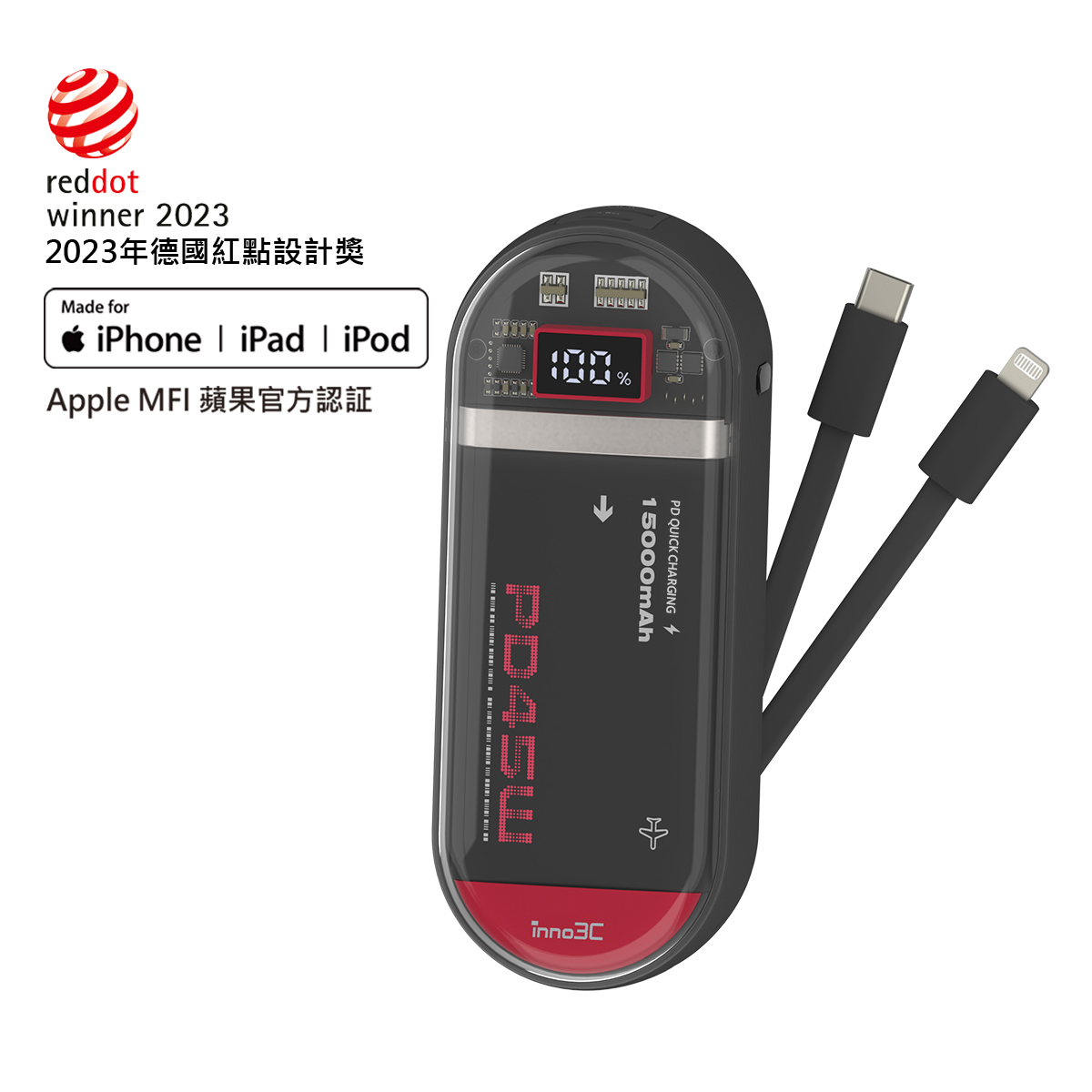 inno3C i-PB15 45W Fast Charging Powerbank with Build-in Cables