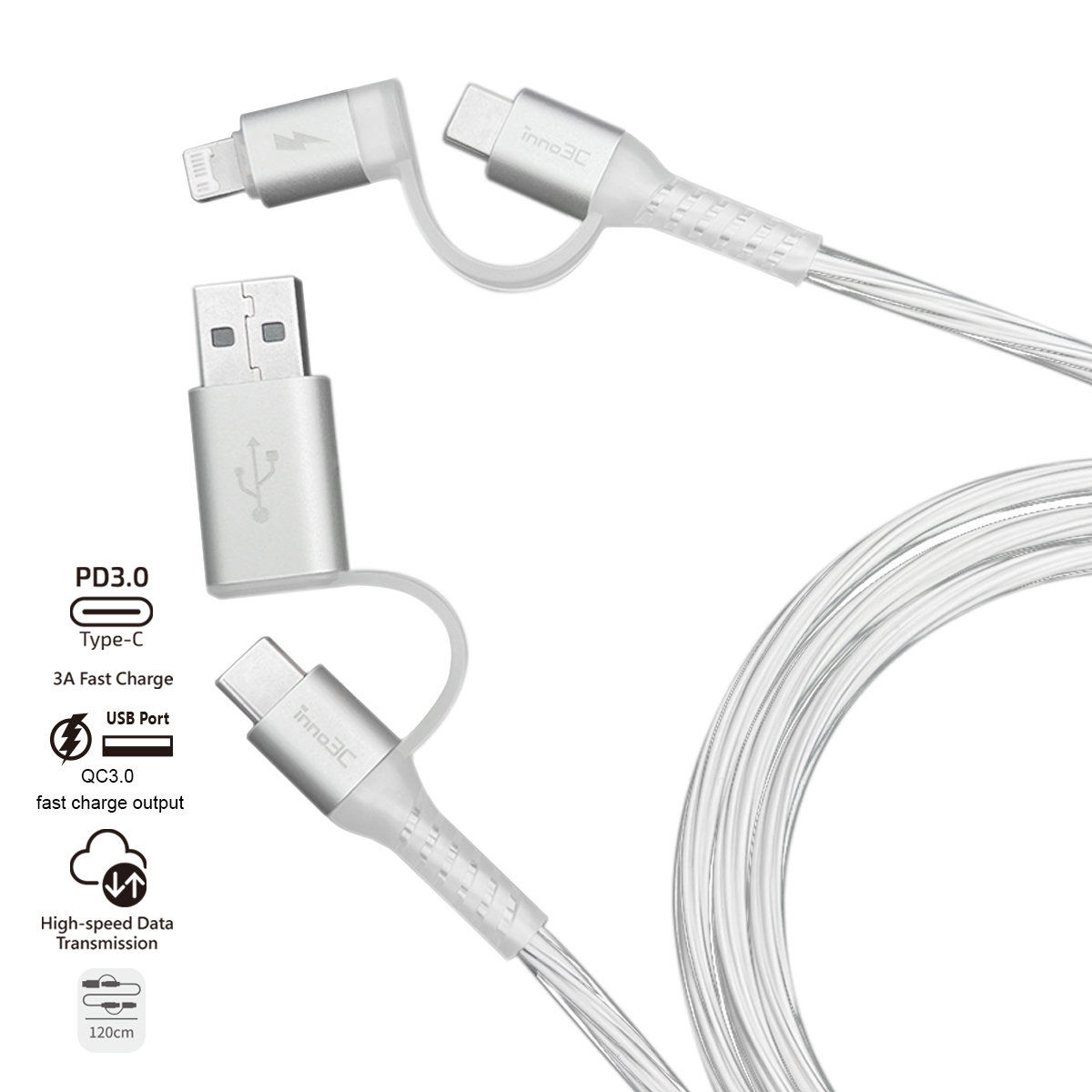 inno3C i-4LB-12 4 in 1 Lightning/Type-C to USB/Type-C Cable (Transparent White)
