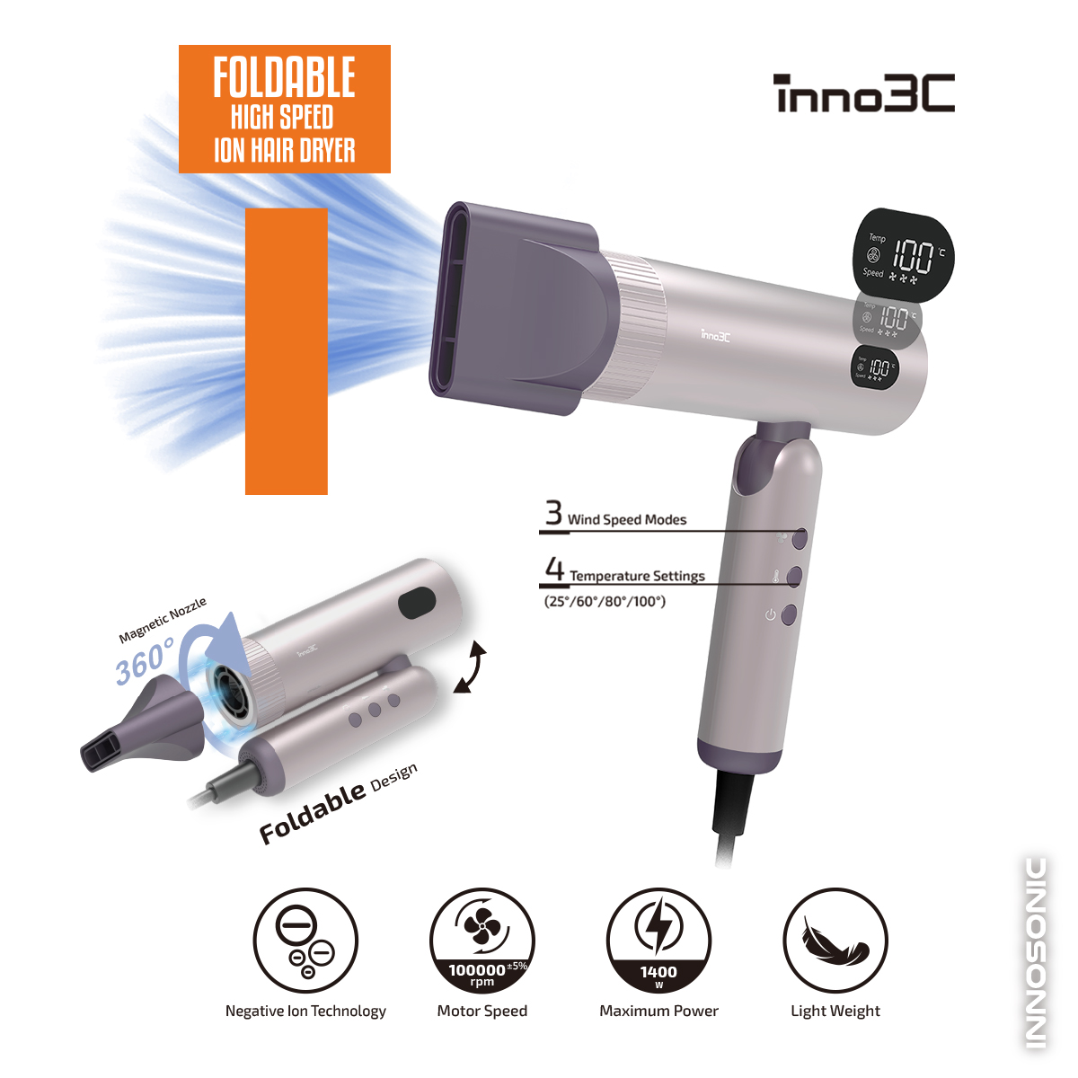 inno3C i-FD8 Foldable High Speed Ion Hair Dryer, , large image number 2