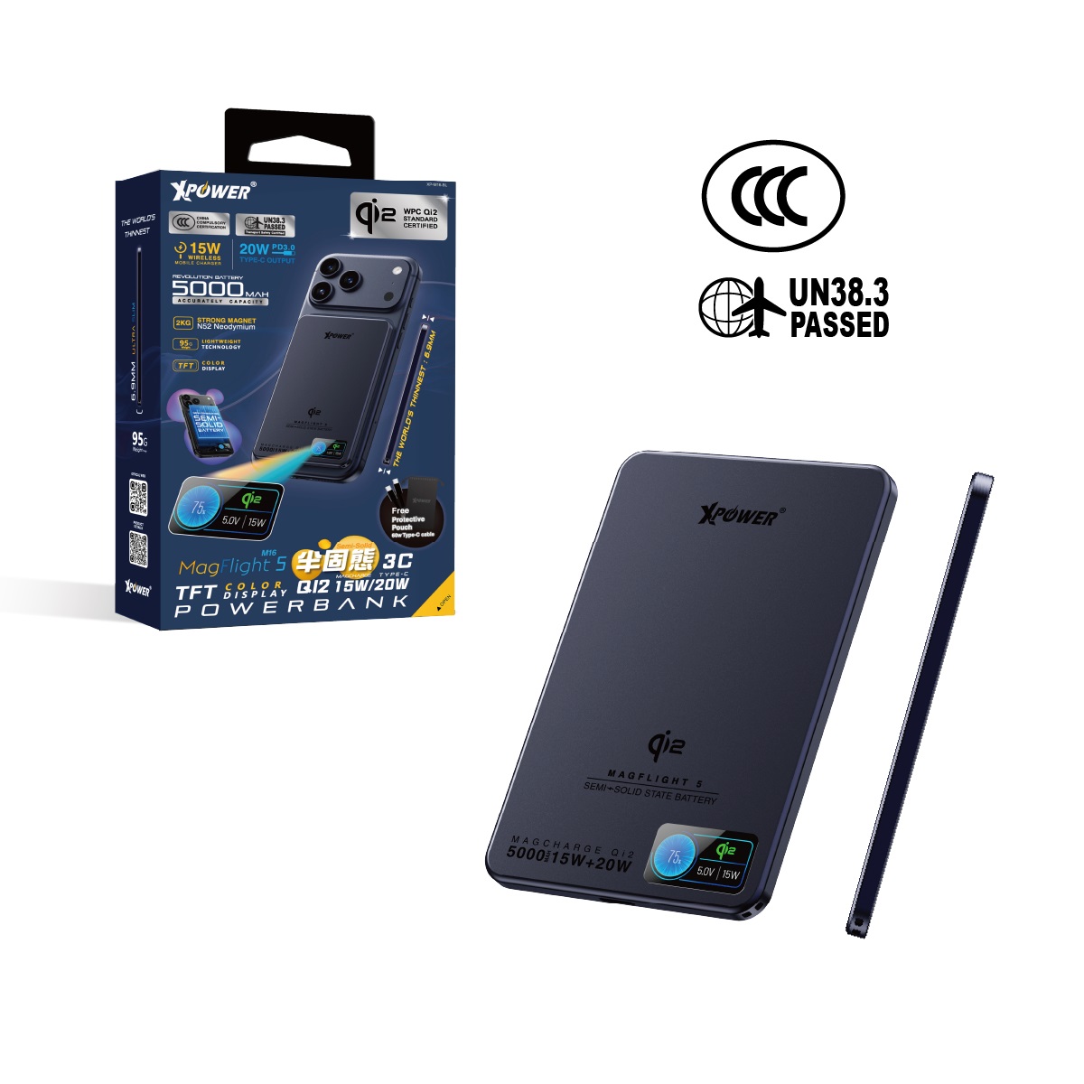 Xpower MagFlight5 M16 半固態TFT彩屏顯示 QI2 5000mAh磁吸行動電源 image number 1