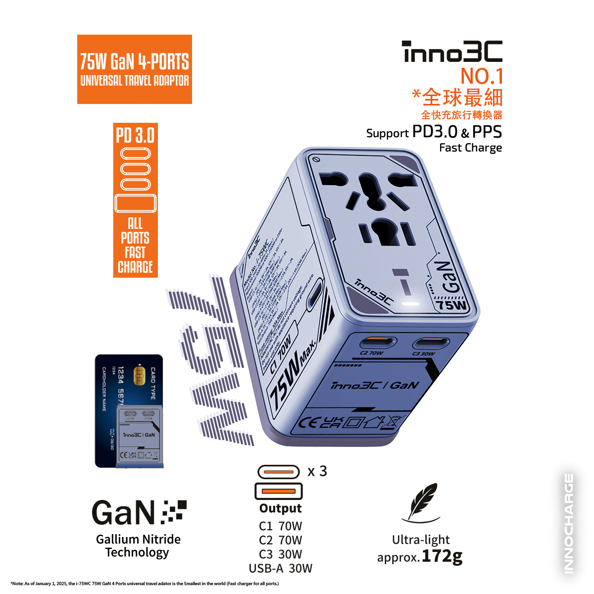 inno3C i-75WC 75W GaN 4-Ports Universal Travel Adaptor