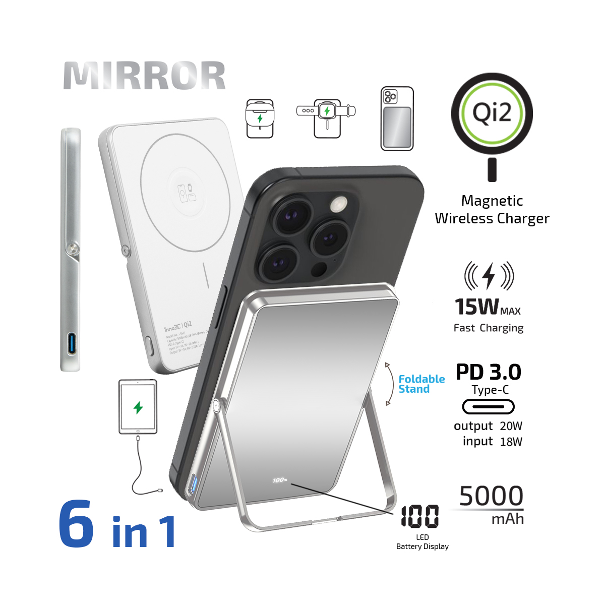 inno3C i-5M3 Qi2 超薄磁吸無線充移動電源帶支架(鏡面)