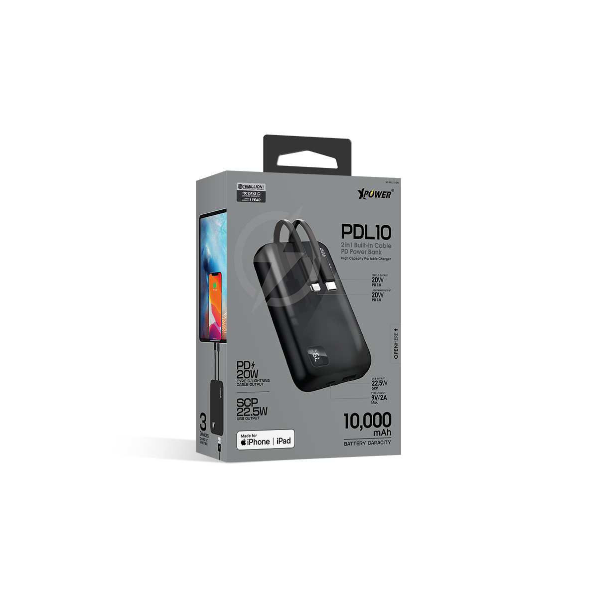 XPower PDL10 2 IN 1 PD 3.0 POWER BANK (Apple MFi certified) (BLACK), , large image number 0